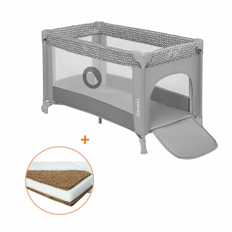 Lionelo - Patut pliant cu un nivel Stefi, 120x60 cm, Cu intrare laterala cu fermoar, EN716, Grey + Babyneeds - Saltea cocos 120x60x10 cm