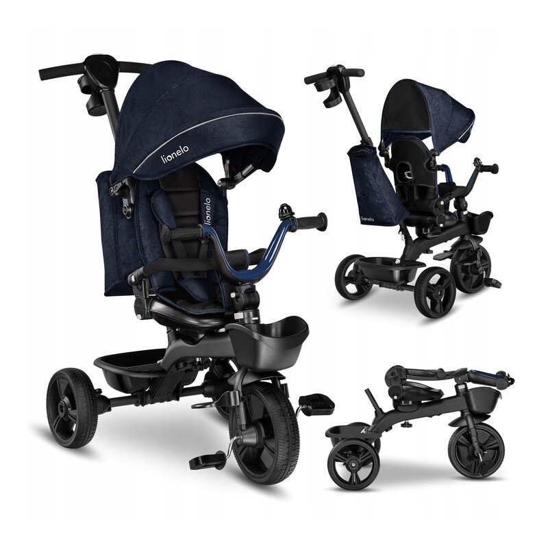 Lionelo - tricicleta kori blue navy suport picioare, control al directiei, scaun reversibil, rotire 360 grade, pliabila
