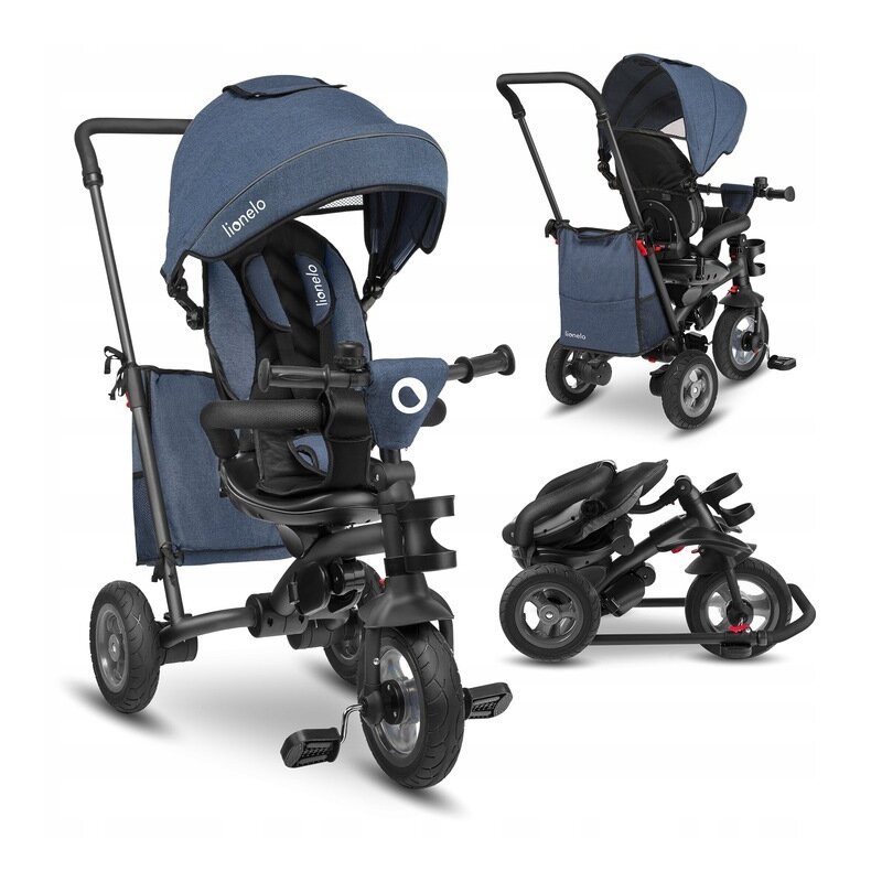 Lionelo - tricicleta tris jeans mecanism de pedalare libera, suport picioare, control al directiei, scaun reversibil, rotire 360 grade, pliabila, albastru