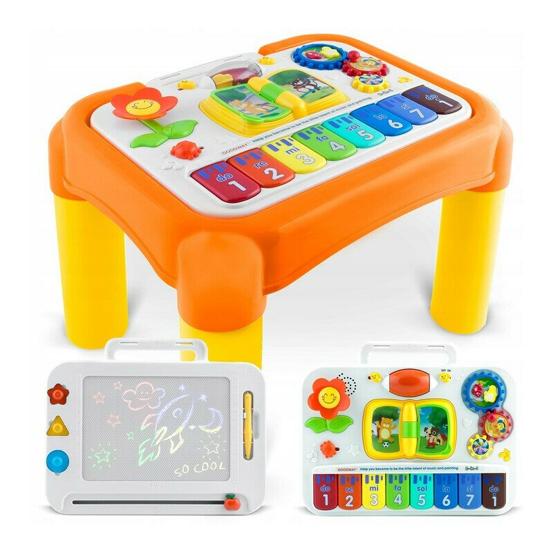 Masa de activitati interactive pentru copii, multifunctionala, cu sunete si lumini, cu planse educative, pian, cutie pentru nisip, Ricokids, RK-746