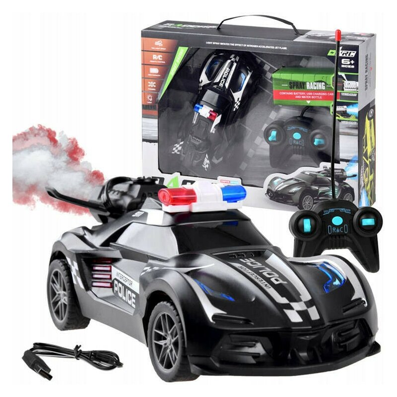 Masinuta de Politie cu telecomanda, Sprat Racing, 18 cm, USB, lumini, evacuare cu fum si lumina, Jokomisiada, RC0596