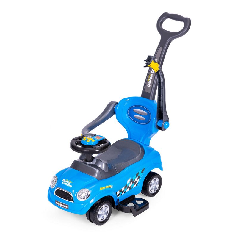 Masinuta Ride-On pentru copii, Multistore, Quick Coupe, cu melodii si clanxon, spatar si balustrade de protectie, volan multimedia si maner de ghidare, Albastru