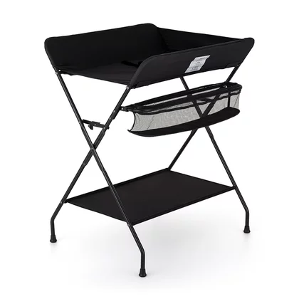 Masuta pentru infasat si schimbat scutece, Feedo, Multifunctionala, Pliabila, Cu raft pentru depozitare si compartiment lateral, Realizata din fier, panza si in, 80.5 x 67 x 102.5 cm, Negru