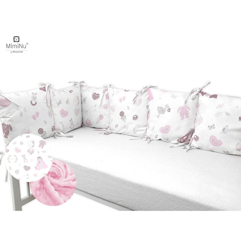 Aparatoare pentru patut, MimiNu, Cu 6 pernute, Cu fermoar, Cu husa lavabila, Pentru patut 120X60 cm, Din bumbac si tesatura pufoasa Minky, Materiale certificate Oeko Tex Standard 100, Minky Baby Shower Pink