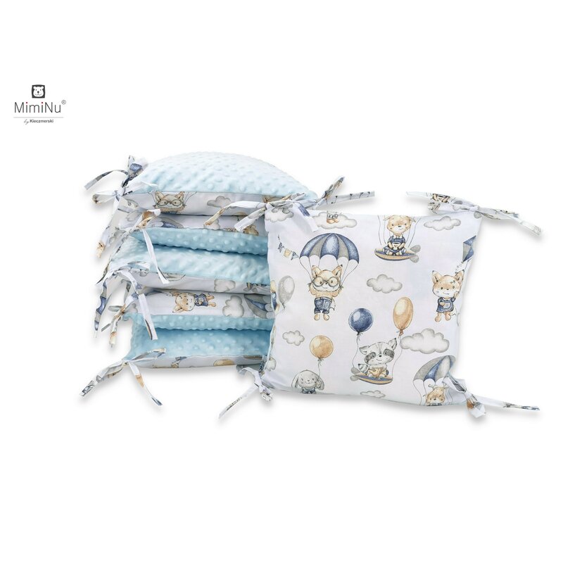 Aparatoare pentru patut, MimiNu, Cu 6 pernute, Cu fermoar, Cu husa lavabila, Pentru patut 120X60 cm, Din bumbac si tesatura pufoasa Minky, Materiale certificate Oeko Tex Standard 100, Minky Parachutes Blue