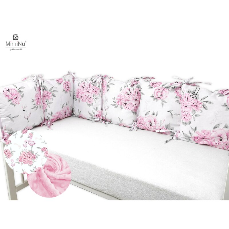 Aparatoare pentru patut, MimiNu, Cu 6 pernute, Cu fermoar, Cu husa lavabila, Pentru patut 120X60 cm, Din bumbac si tesatura pufoasa Minky, Materiale certificate Oeko Tex Standard 100, Minky Peonie Pink