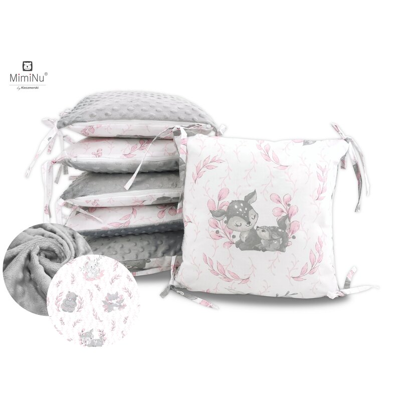 Miminu - aparatoare cu 6 pernute modulare, cu fermoar, pentru patut 120x60 cm, minky lulu rose gray