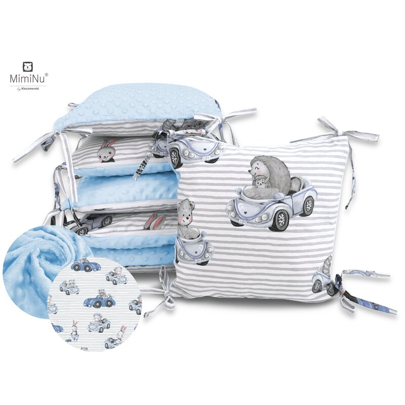 Miminu - aparatoare cu 6 pernute modulare, cu fermoar, pentru patut 120x60 cm, minky old road blue