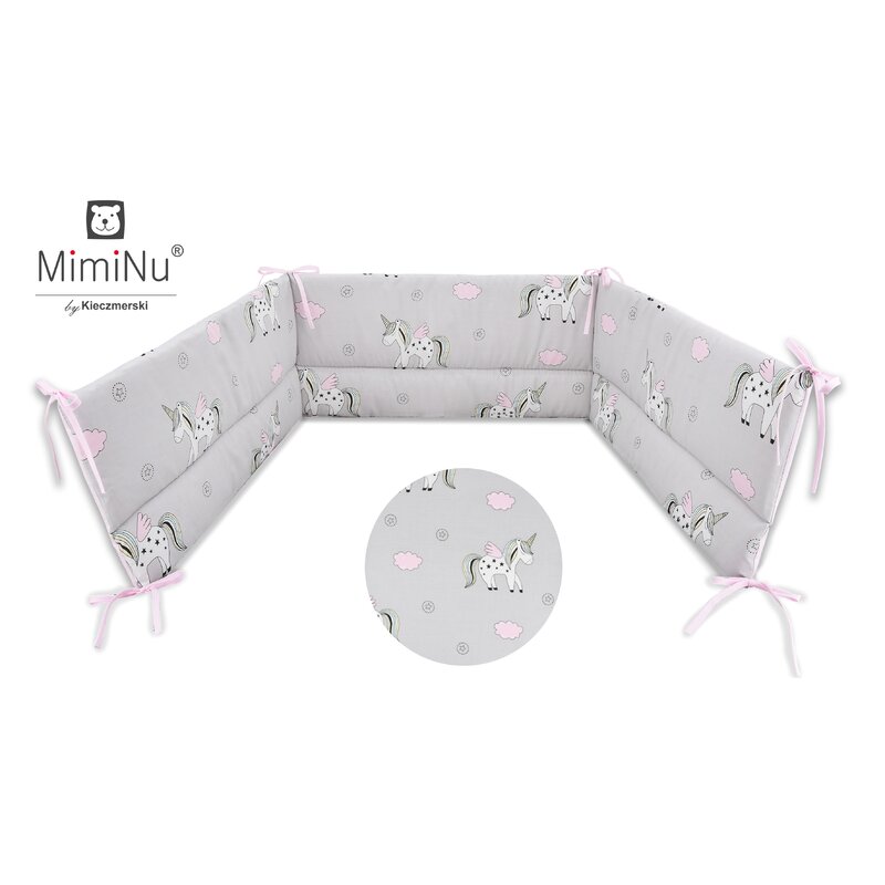 Miminu - aparatoare pentru patut 120x60 cm, din bumbac, pink unicorn