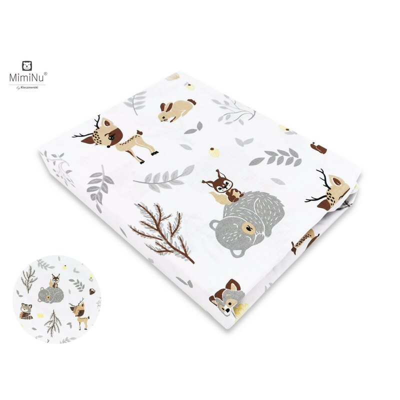 Miminu - cearceaf cu elastic pentru patut 140x70 cm, din bumbac, forest friends grey/beige