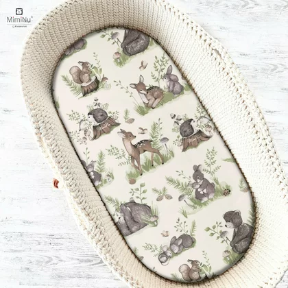 Cearceaf cu elastic, MimiNu, Pentru landou, carucior si cosulet, Dimensiune 80x35 cm, Din bumbac certificat Oeko Tex Standard 100, Design, Calm Forest Natural