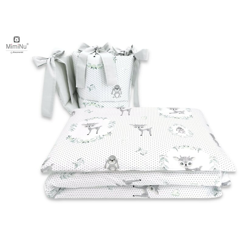 Miminu - lenjerie patut 3 piese, cu protectie laterala, deer grey, din bumbac, pentru patut 120x60 cm