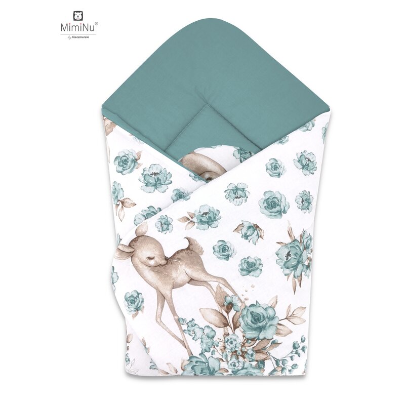 Paturica de infasat, MimiNu, Cu doua fete, Cu multiple utilizari, Cu inchidere arici velcro, Dimensiune 75x75 cm, Din bumbac certificat Oeko Tex Standard 100, Sweet Deer Mint