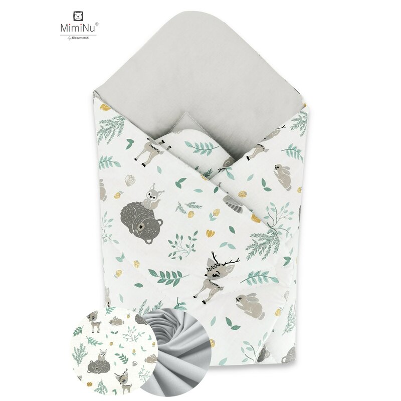 Paturica de infasat, MimiNu, Cu doua fete, Cu multiple utilizari, Cu inchidere arici velcro, Dimensiune 75x75 cm, Din bumbac certificat Oeko Tex Standard 100, Forest Friends Grey/Mint