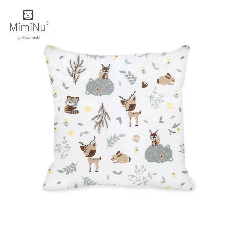 MimiNu - Perna clasica de dormit, Cu husa detasabila cu fermoar, Din bumbac certificat Oeko Tex Standard 100, 40x40 cm, Forest friends Grey/Beige