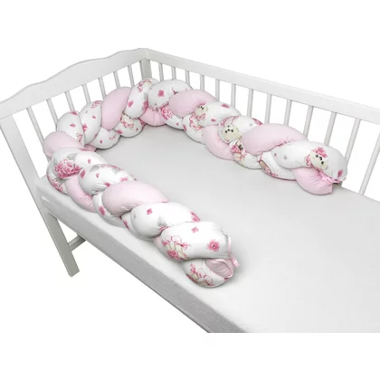 Protectie laterala, MimiNu, Pentru patut bebe, Tip Bumper impletit, Din bumbac, Din materiale certificate Oeko Tex Standard 100, Lungime 220 cm, Pink Ballerina