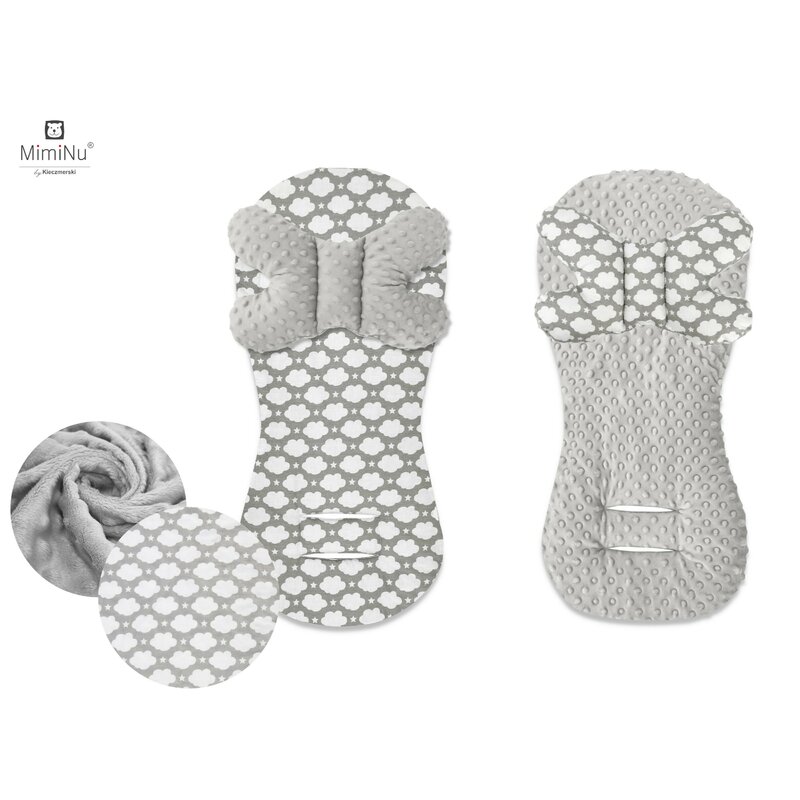 Miminu - protectie textila pentru carucior, scaun auto si scaun de bicicleta, cu perna butterfly, minky clouds grey