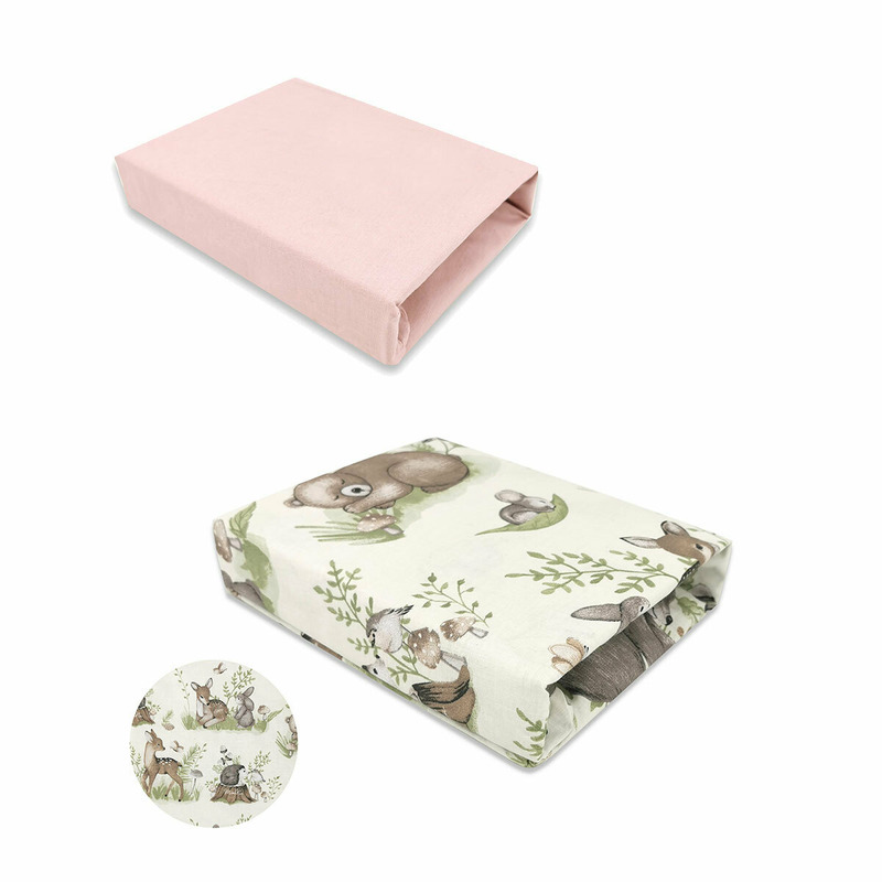 Set 2 cearceafuri cu elastic, MimiNu, Pentru patut 120x60 cm, Din bumbac certificat Oeko Tex Standard 100, Design Calm Forest Natural + Colectia Royal Powder Pink