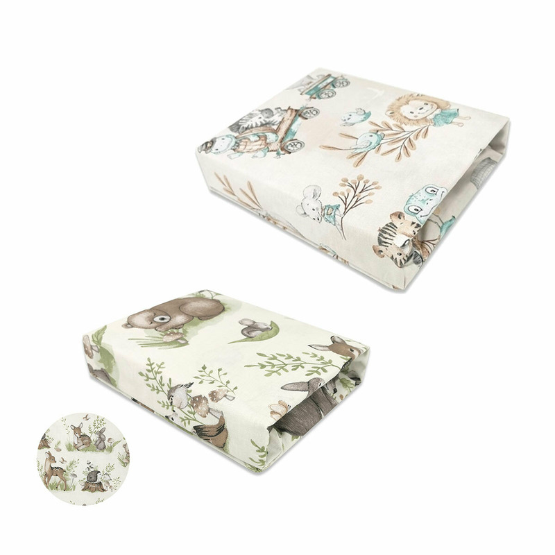 Set 2 cearceafuri cu elastic, MimiNu, Pentru patut 120x60 cm, Din bumbac certificat Oeko Tex Standard 100, Design Calm Forest Natural + Design Zoo on bikes Nugat