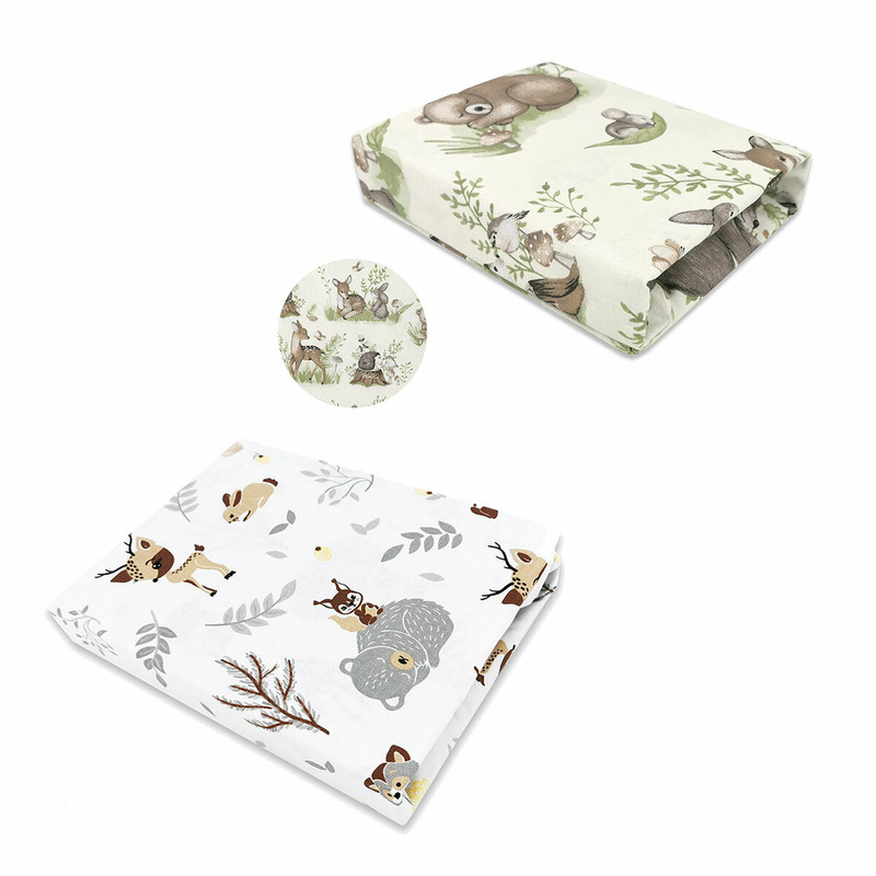 MimiNu - Set 2 cearceafuri cu elastic, Din bumbac certificat Oeko Tex Standard 100, Pentru patut 120x60 cm, Design Calm Forest Natural + Forest friends Beige