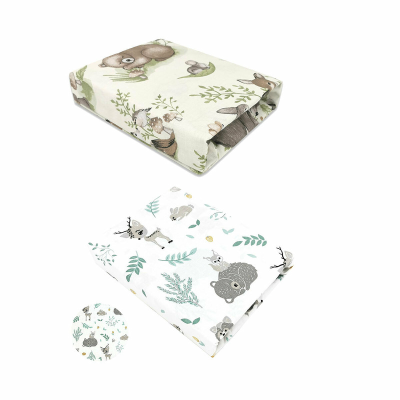 Set 2 cearceafuri cu elastic, MimiNu, Pentru patut 120x60 cm, Din bumbac certificat Oeko Tex Standard 100, Design Calm Forest Natural + Forest friends Mint