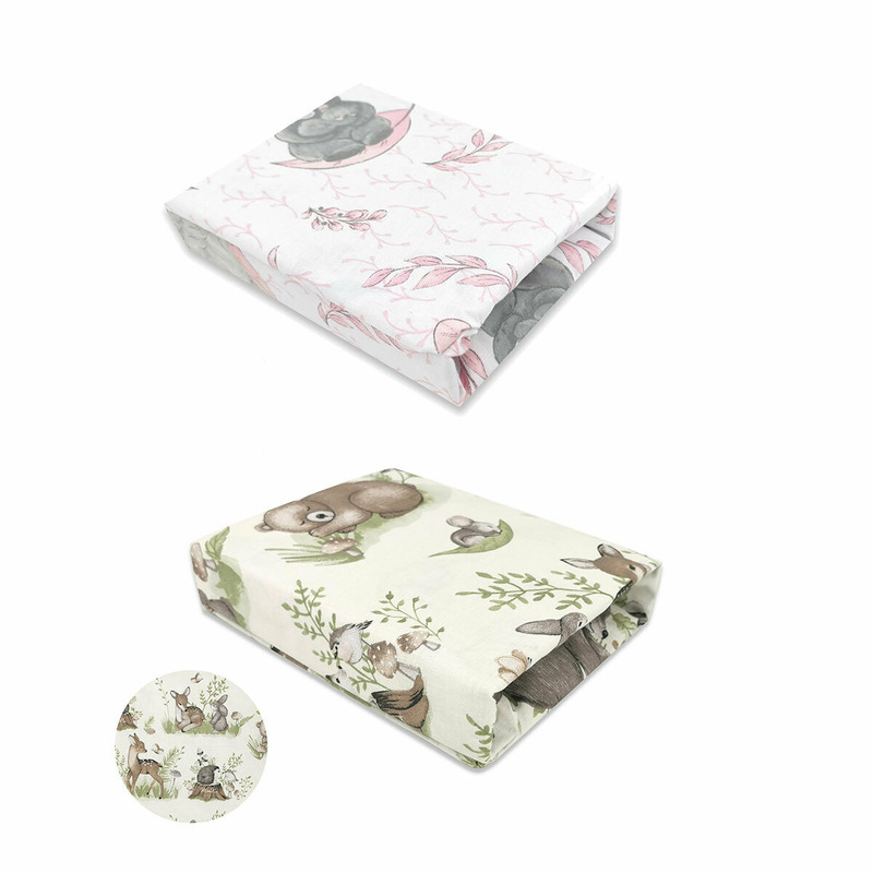 MimiNu - Set 2 cearceafuri cu elastic, Din bumbac certificat Oeko Tex Standard 100, Pentru patut 120x60 cm, Design Calm Forest Natural + Lulu Rose