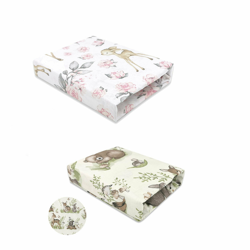 Set 2 cearceafuri cu elastic, MimiNu, Pentru patut 120x60 cm, Din bumbac certificat Oeko Tex Standard 100, Design Calm Forest Natural + Sweet Deer Pink