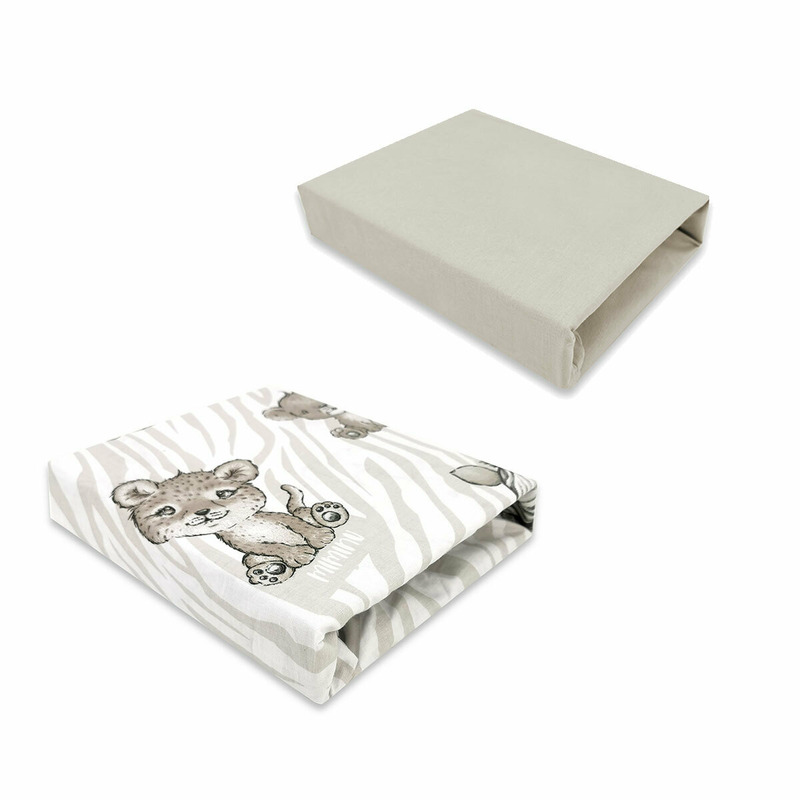 MimiNu - Set 2 cearceafuri cu elastic, Din bumbac certificat Oeko Tex Standard 100, Pentru patut 120x60 cm, Safari Beige + Colectia Royal Beige