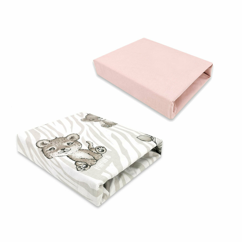 MimiNu - Set 2 cearceafuri cu elastic, Din bumbac certificat Oeko Tex Standard 100, Pentru patut 120x60 cm, Safari Beige + Colectia Royal Powder Pink