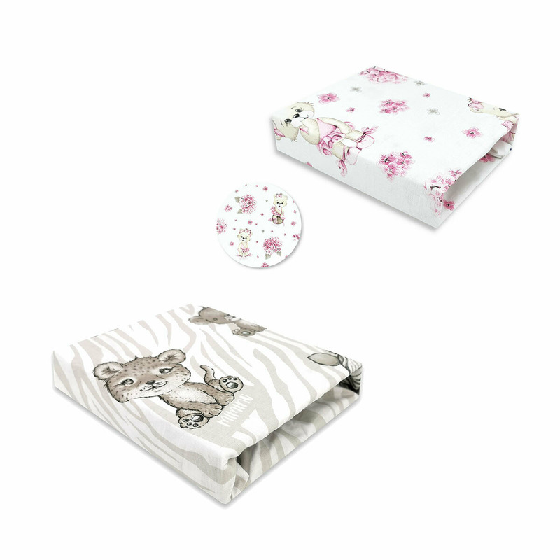 MimiNu - Set 2 cearceafuri cu elastic, Din bumbac certificat Oeko Tex Standard 100, Pentru patut 120x60 cm, Safari Beige + Design Pink Ballerina