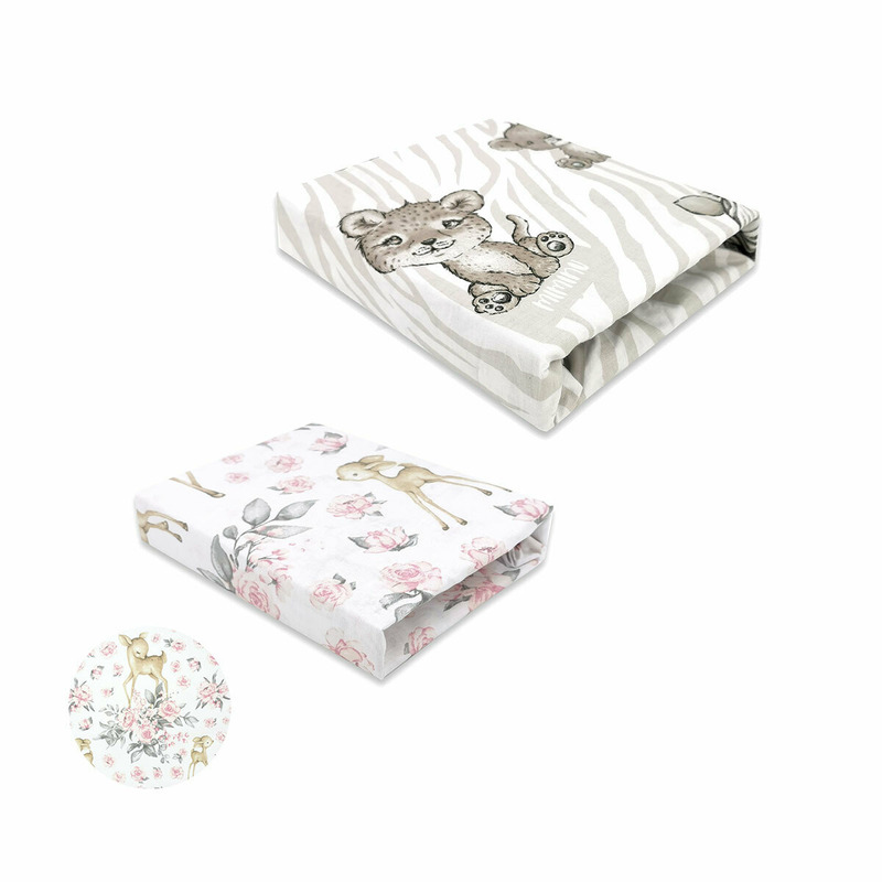 MimiNu - Set 2 cearceafuri cu elastic, Din bumbac certificat Oeko Tex Standard 100, Pentru patut 120x60 cm, Safari Beige + Sweet Deer Pink