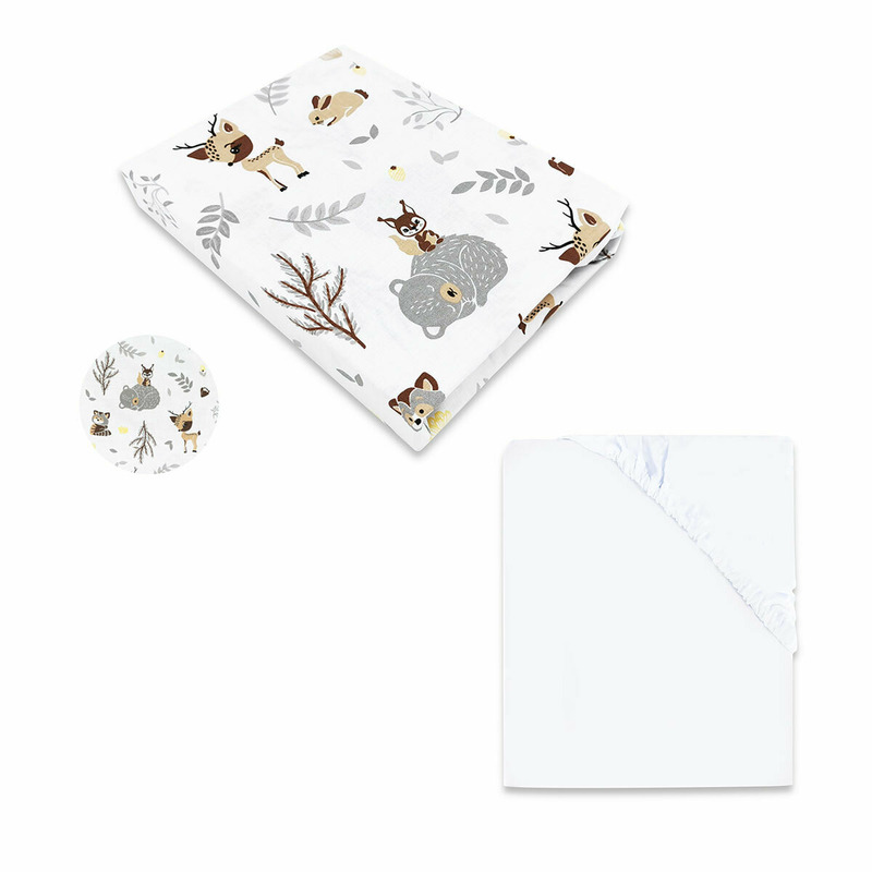 MimiNu - Set 2 cearceafuri cu elastic, Din bumbac certificat Oeko Tex Standard 100, Pentru patut 120x60 cm, White + Forest friends Beige