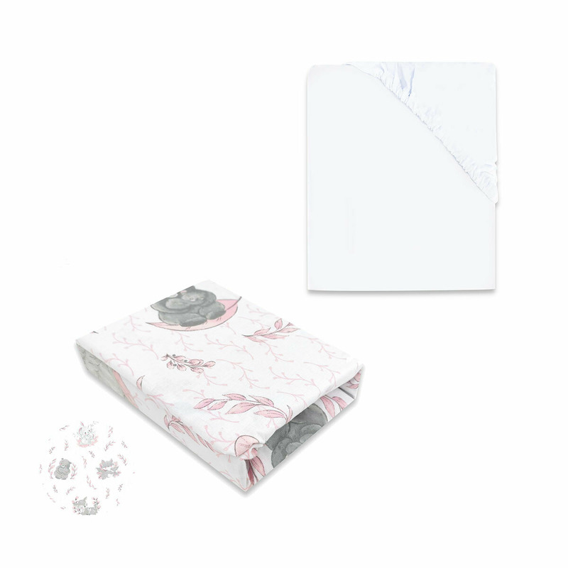 MimiNu - Set 2 cearceafuri cu elastic, Din bumbac certificat Oeko Tex Standard 100, Pentru patut 120x60 cm, White + Lulu Rose