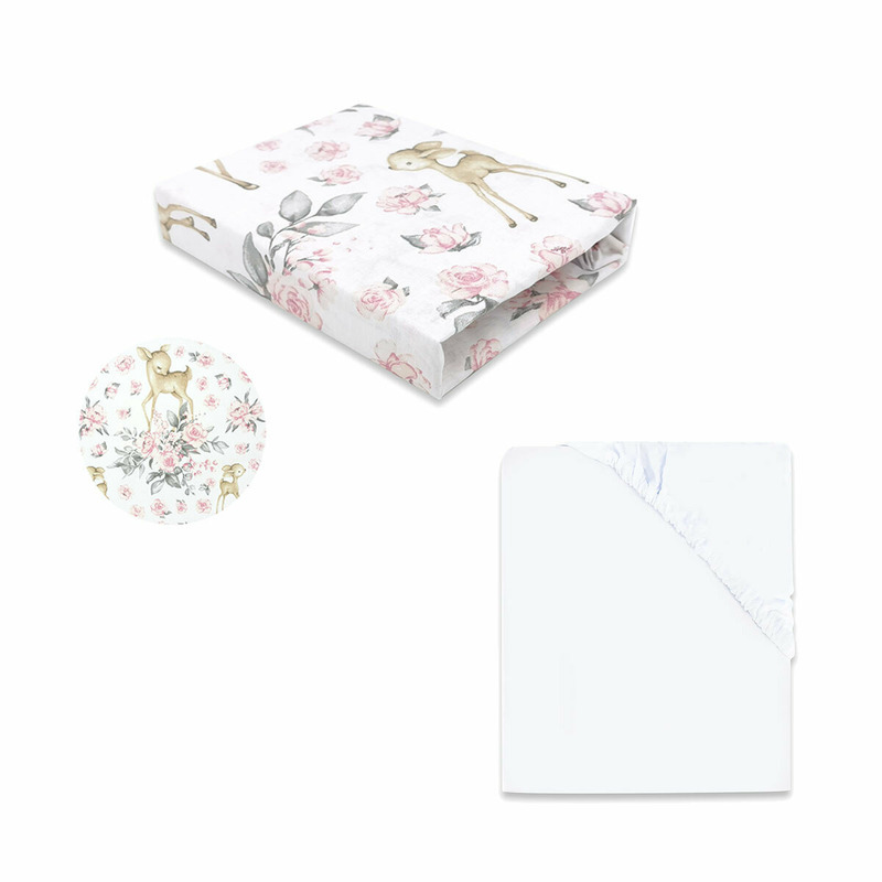 Set 2 cearceafuri cu elastic, MimiNu, Pentru patut 120x60 cm, Din bumbac certificat Oeko Tex Standard 100, White + Sweet Deer Pink