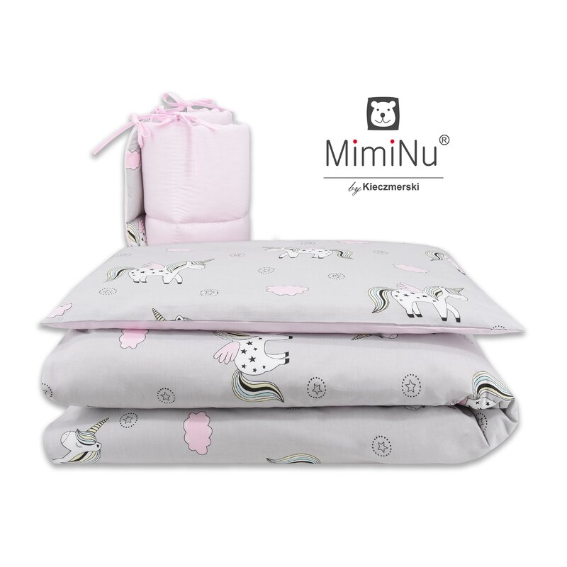 Miminu - lenjerie patut 3 piese, cu protectie laterala, pink unicorn, din bumbac, pentru patut 120x60 cm