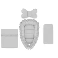 Set 4 in 1 Cosulet bebelus, MimiNu, Baby Cocoon 75x55 cm, Cu volanase, Husa bumbac, Din bumbac certificat Oeko Tex Standard 100, Cu paturica cu volanase 50x70 cm, Cu saltelut, Cu perna fluture, Colectia Royal, Grey