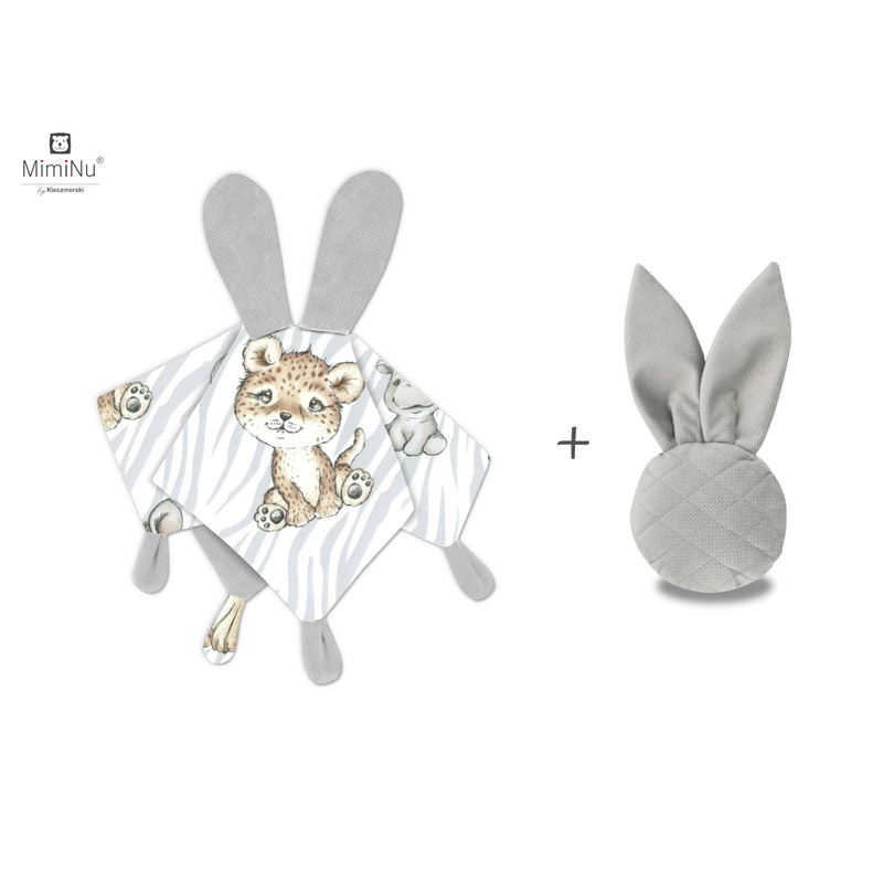MimiNu - Set jucarie de plus cu urechi si labute + Jucarie zornaitoare Mini Bunny, Materiale certificat Oeko Tex Standard 100, Safari Natural/Grey