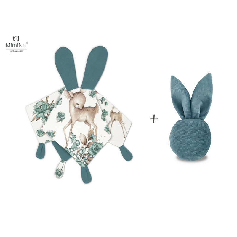 MimiNu - Set jucarie de plus cu urechi si labute + Jucarie zornaitoare Mini Bunny, Materiale certificat Oeko Tex Standard 100, Sweet Deer Mint/Nepal Green