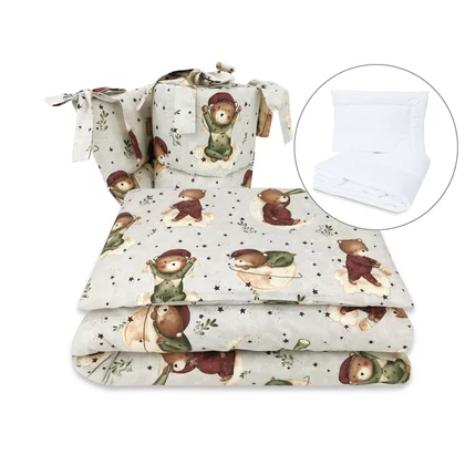 Lenjerie patut cu 5 piese, MimiNu, Pentru patut 120x60 cm, Cu pilota si perna, Din bumbac certificat Oeko Tex Standard 100, Teddy Bear On Moon
