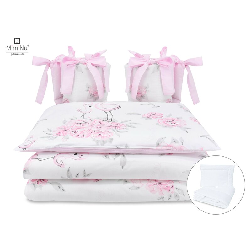 Lenjerie patut cu 6 piese, MimiNu, Pentru patut 120x60 cm, Cu pilota si perna, Cu doua aparatori laterale, Din bumbac certificat Oeko Tex Standard 100, Peonie Pink