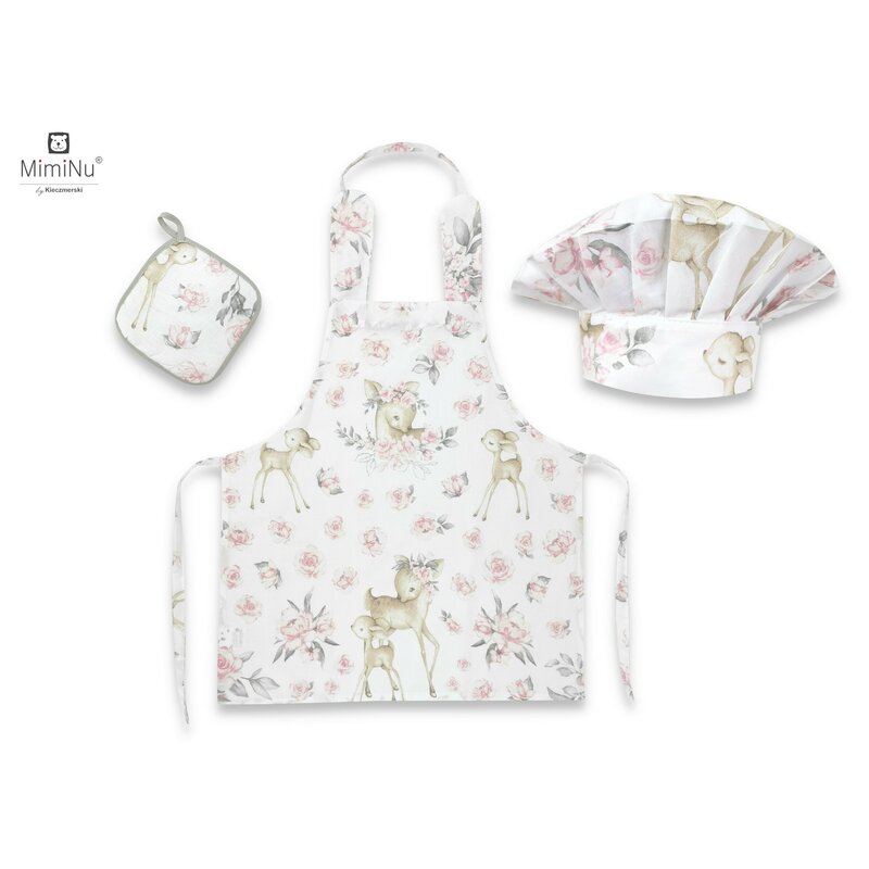 MimiNu - Set Micutul bucatar, Cu sort, o boneta si accesoriu pentru vase calde, Din bumbac certificat Oeko Tex Standard 100, Sweet Deer Pink