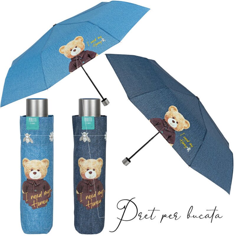 Mini umbrela ploaie pliabila model denim teddy bear