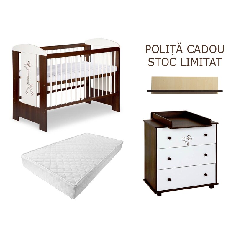 Klups - mobila bebe safari giraffe 2 , cu polita cadou, 120x60 cm, alb/maro