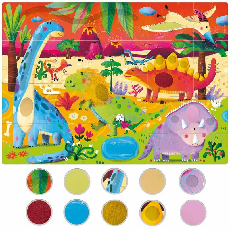 Puzzle tactil, Headu, Dinozauri, Montessori, 20 piese, 12 luni+, Multicolor