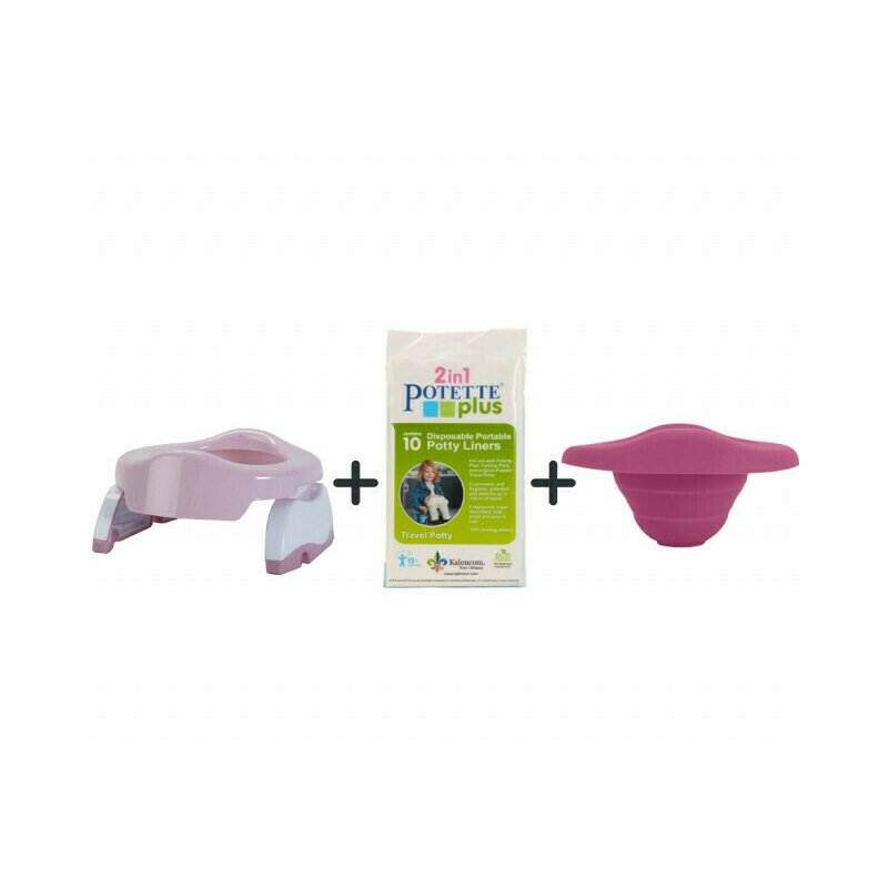 Potette plus - olita portabila cu liner reutilizabil + 10 pungi biodegradabile, roz/alb