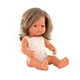 Papusa 38 cm, fetita europeana cu par blond inchis, imbracata in salopeta tricotata - 1