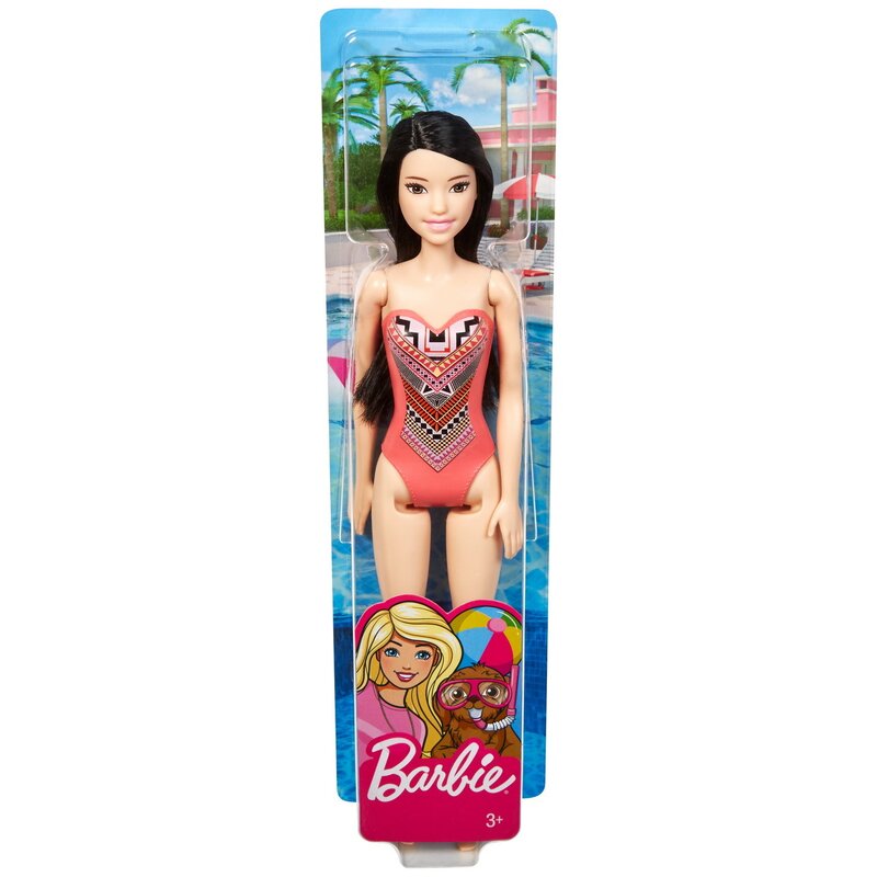 Mattel - papusa barbie bruneta cu costum de baie cu modele geometrice