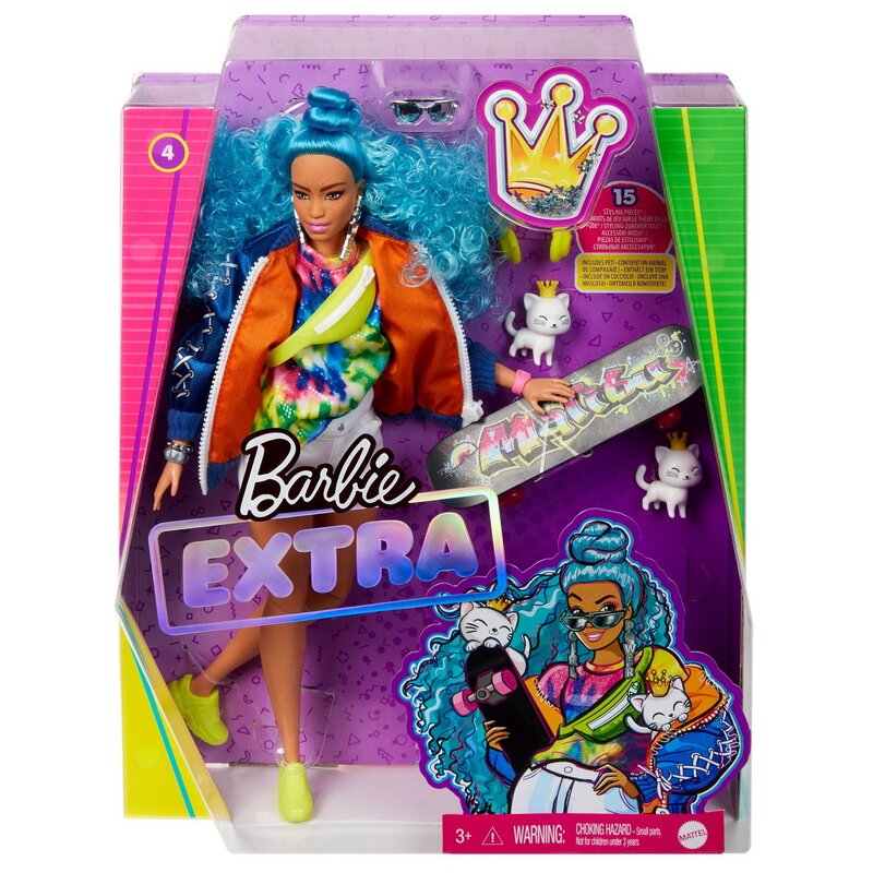 Mattel - Papusa Barbie , Extra style, Cu par albastru carliontat, Multicolor