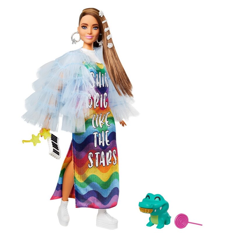 Mattel - Papusa Barbie , Extra style, Cu rochie curcubeu, Multicolor