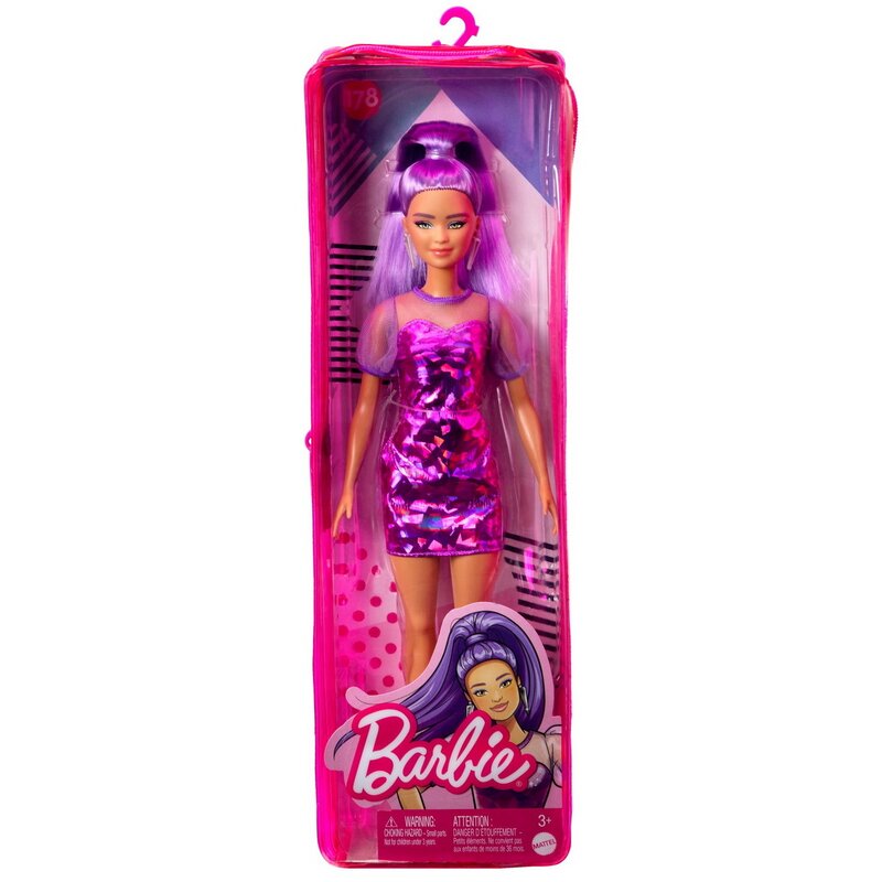 Mattel - PAPUSA BARBIE FASHIONISTA CU PAR MOV CU ROCHIE CU UMERI BUFANTI